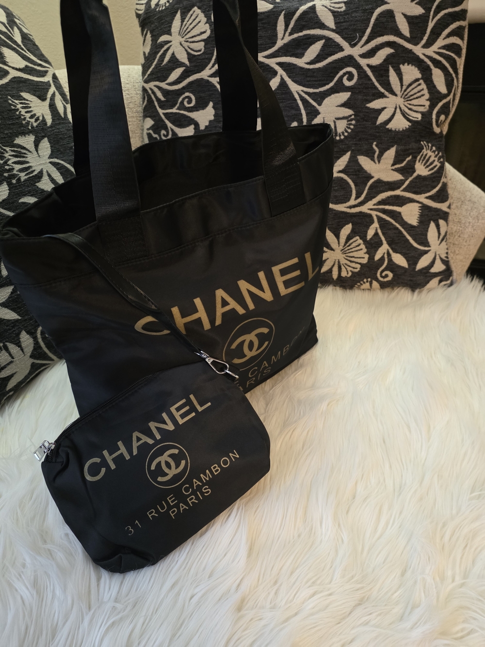 Beauty Bag Black Tote and Pouch Set